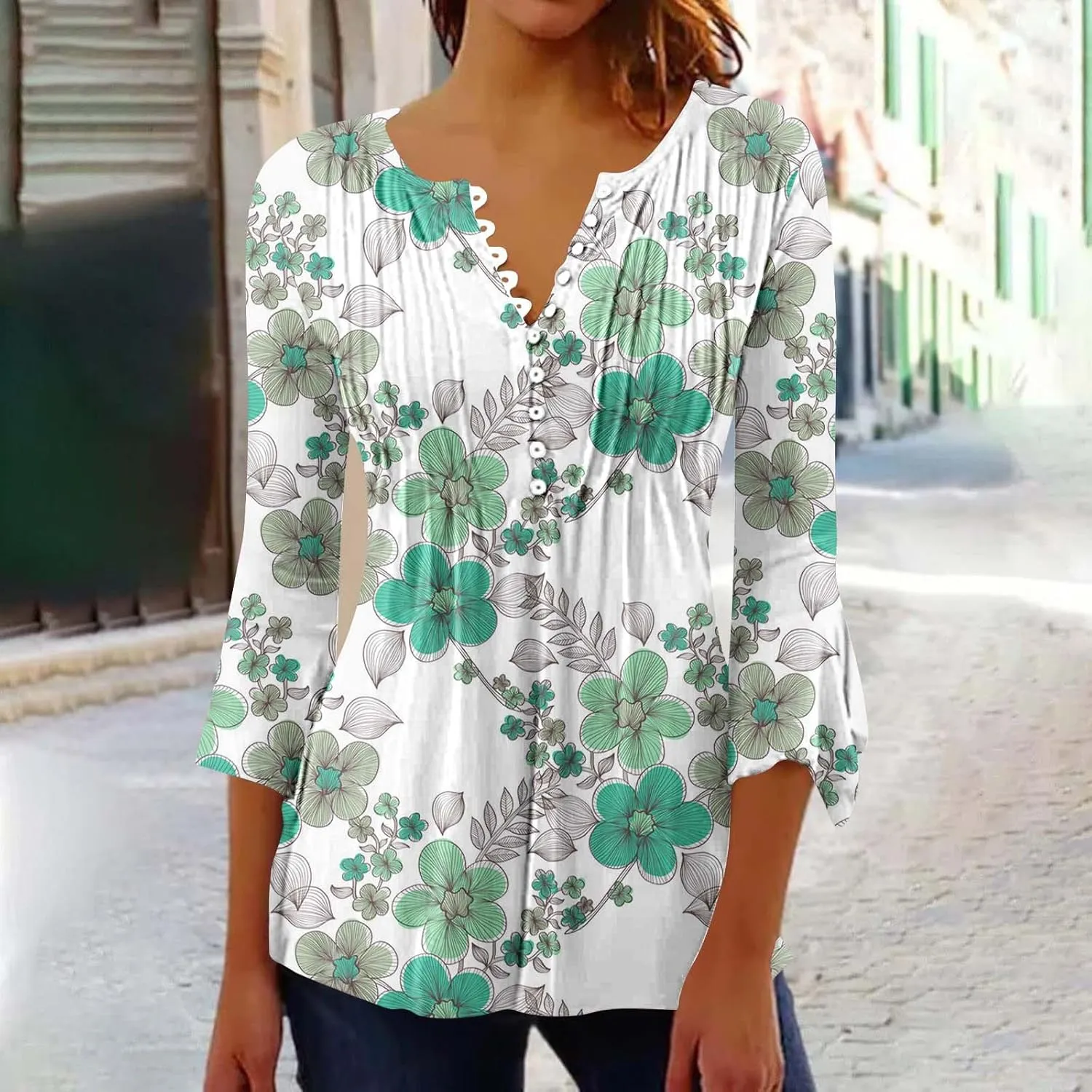 Summer Shirts for Women Vintage Bohemian Floral Print Graphic Blouse Causal 3/4 Sleeve Empire Waist Button Down Tops