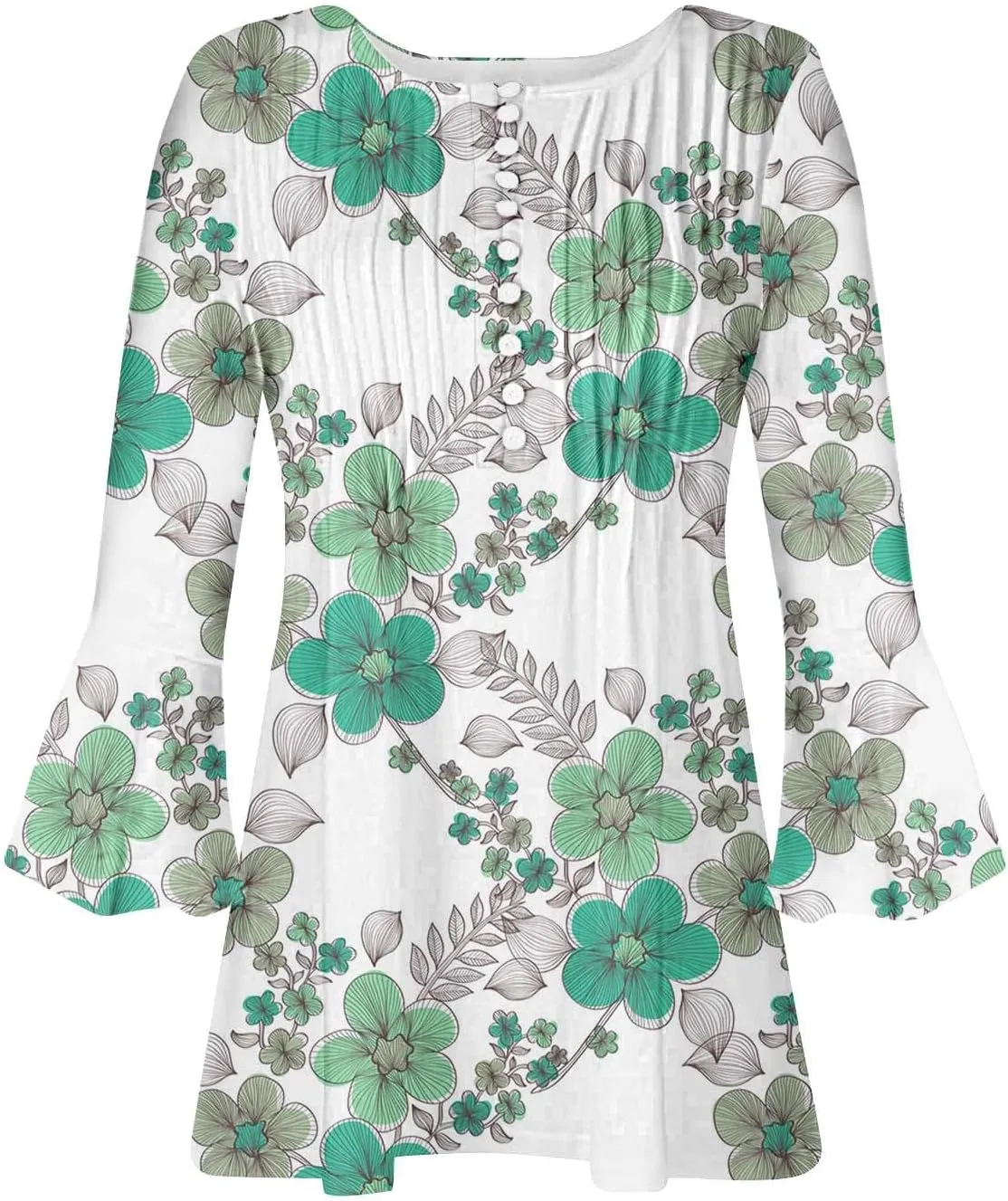 Summer Shirts for Women Vintage Bohemian Floral Print Graphic Blouse Causal 3/4 Sleeve Empire Waist Button Down Tops