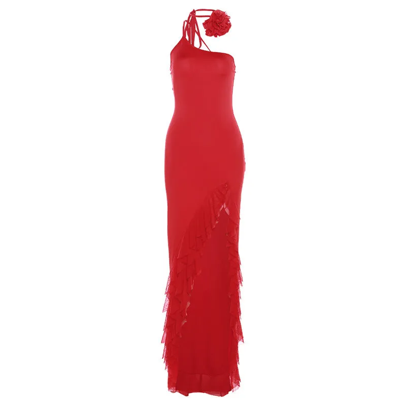 Summer Trendy Women Clothing Strap off Shoulder Slim Fit Sheath Ruffled Dress