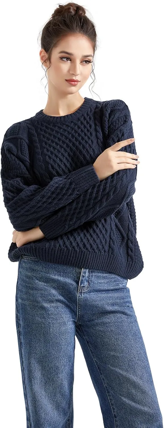 SUUKSESS Women Oversized Cable Knit Sweater Fall Long Sleeve Crew Neck Pullover Tops 2024