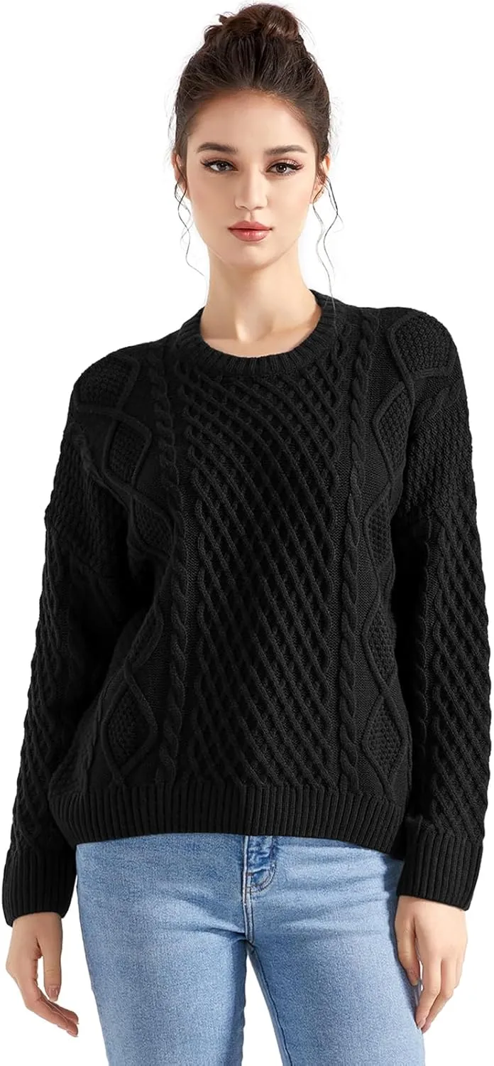 SUUKSESS Women Oversized Cable Knit Sweater Fall Long Sleeve Crew Neck Pullover Tops 2024