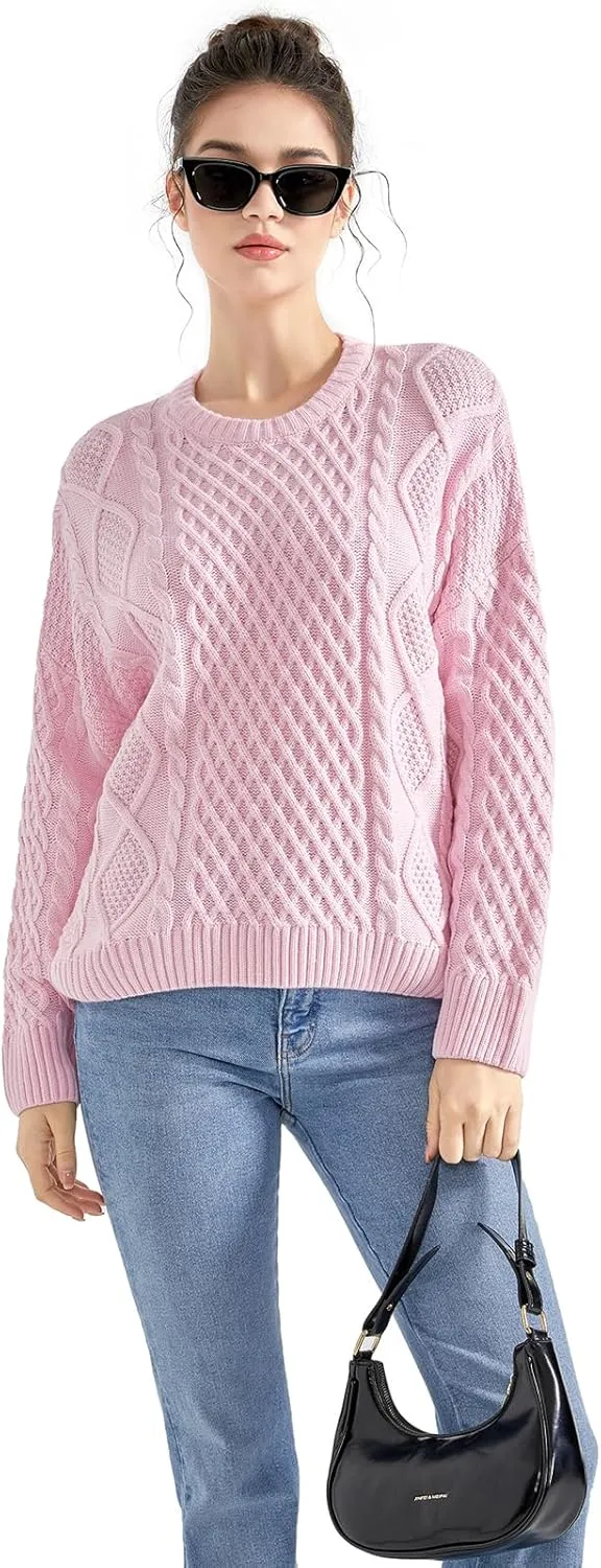 SUUKSESS Women Oversized Cable Knit Sweater Fall Long Sleeve Crew Neck Pullover Tops 2024