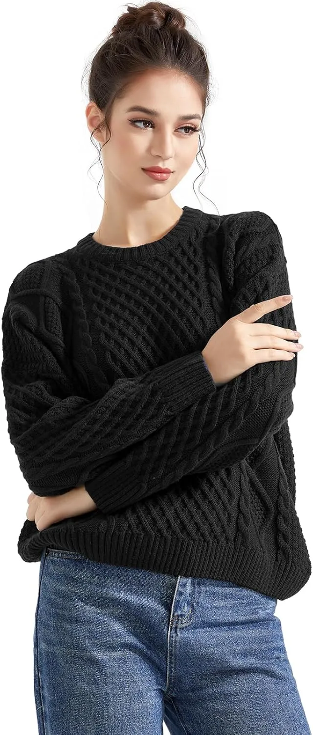 SUUKSESS Women Oversized Cable Knit Sweater Fall Long Sleeve Crew Neck Pullover Tops 2024