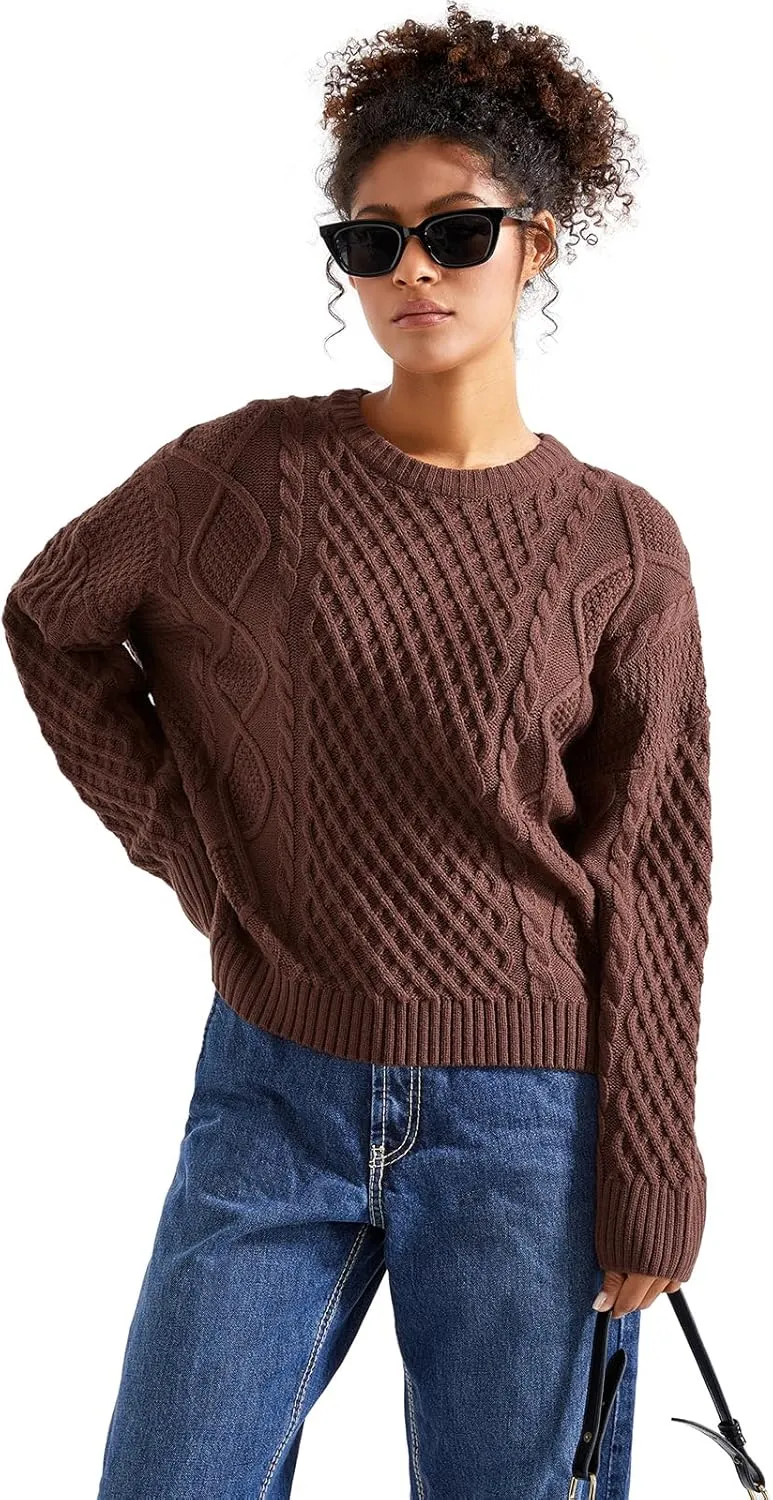 SUUKSESS Women Oversized Cable Knit Sweater Fall Long Sleeve Crew Neck Pullover Tops 2024