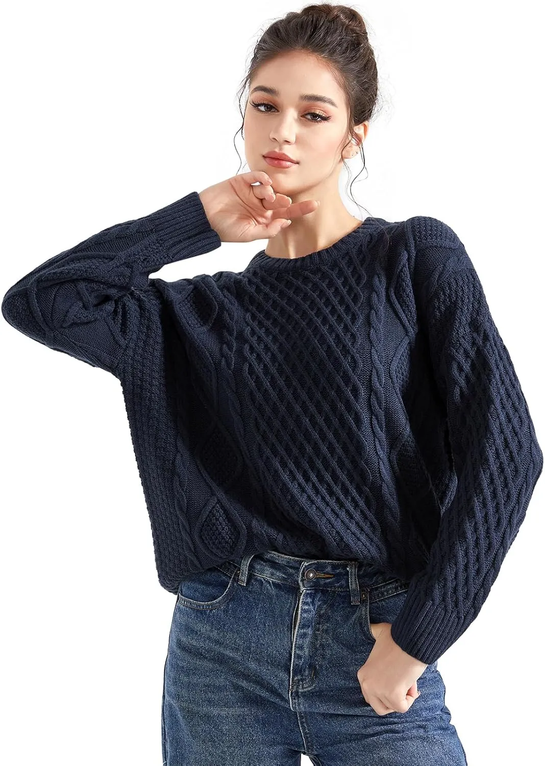 SUUKSESS Women Oversized Cable Knit Sweater Fall Long Sleeve Crew Neck Pullover Tops 2024