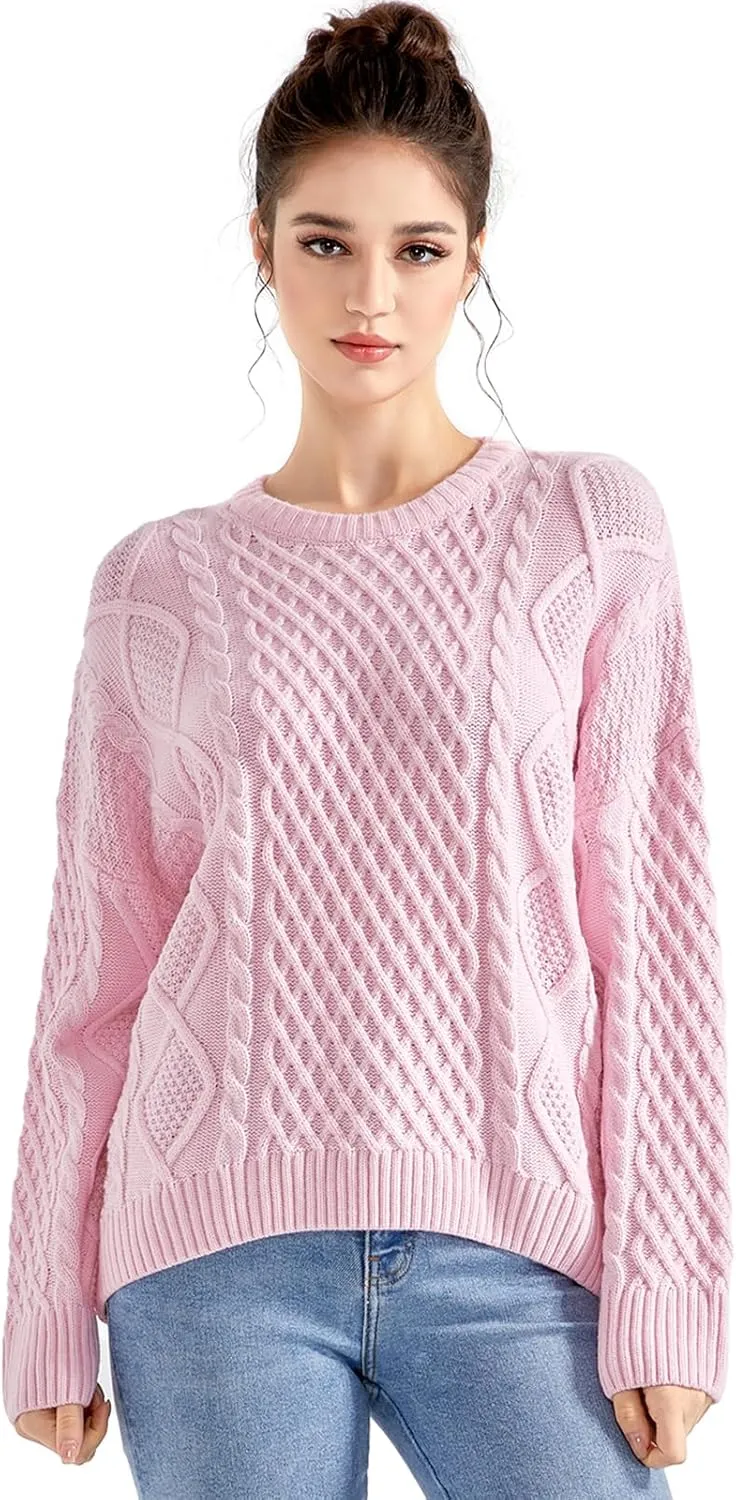 SUUKSESS Women Oversized Cable Knit Sweater Fall Long Sleeve Crew Neck Pullover Tops 2024