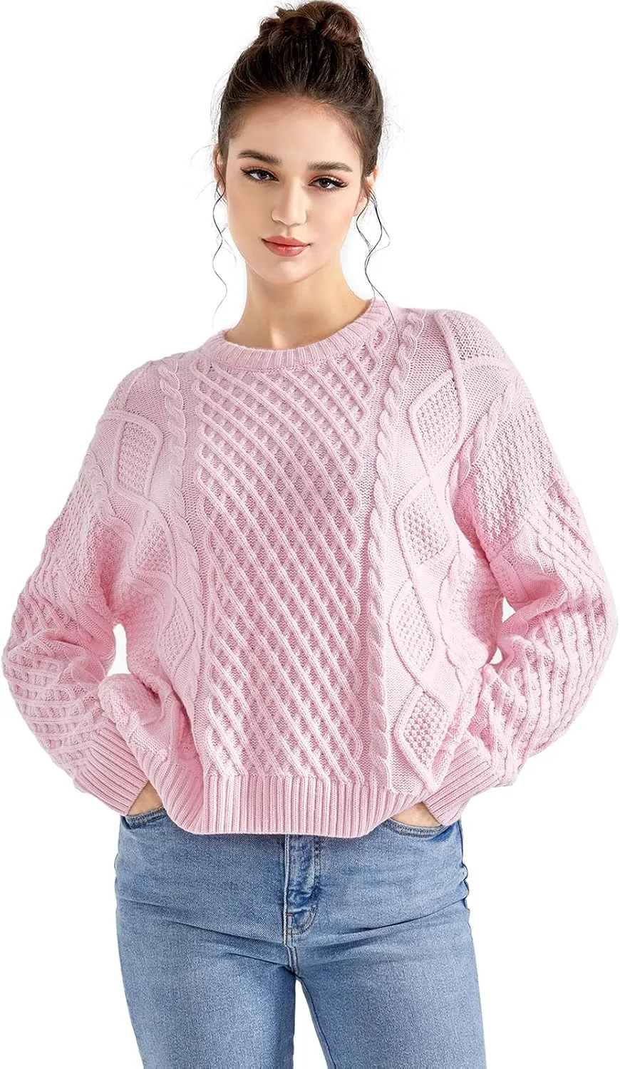 SUUKSESS Women Oversized Cable Knit Sweater Fall Long Sleeve Crew Neck Pullover Tops 2024