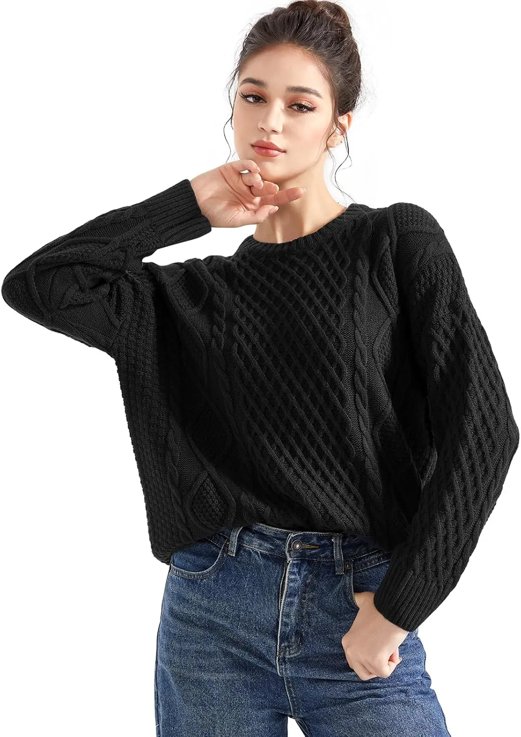 SUUKSESS Women Oversized Cable Knit Sweater Fall Long Sleeve Crew Neck Pullover Tops 2024