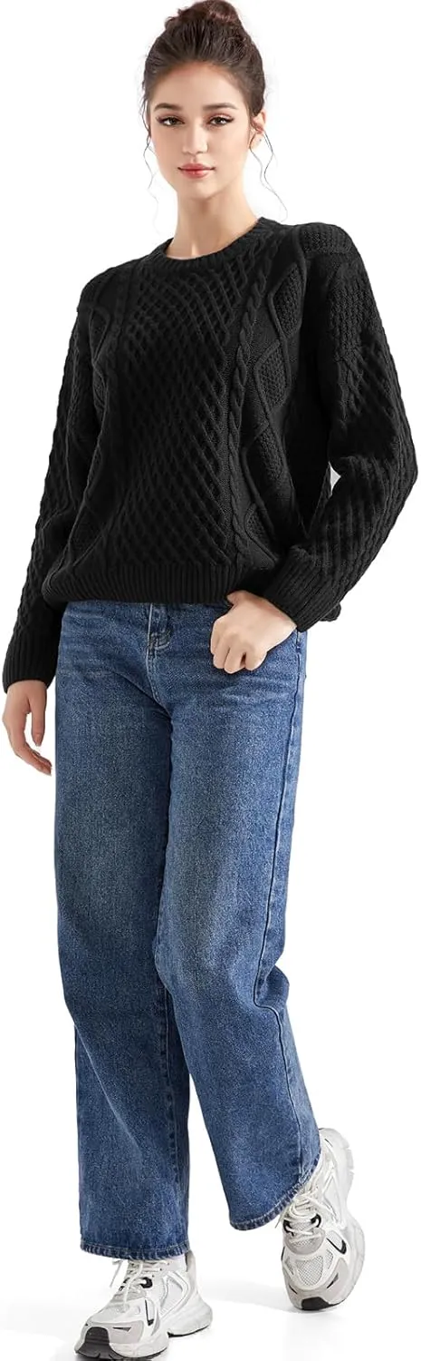 SUUKSESS Women Oversized Cable Knit Sweater Fall Long Sleeve Crew Neck Pullover Tops 2024