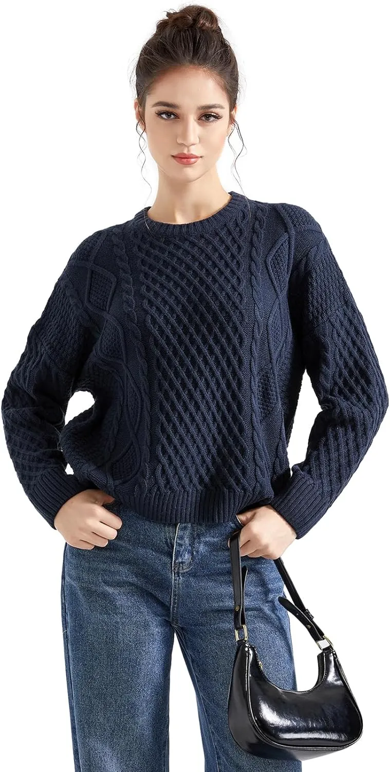 SUUKSESS Women Oversized Cable Knit Sweater Fall Long Sleeve Crew Neck Pullover Tops 2024