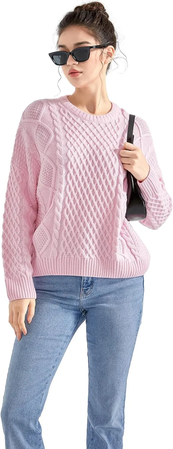 SUUKSESS Women Oversized Cable Knit Sweater Fall Long Sleeve Crew Neck Pullover Tops 2024