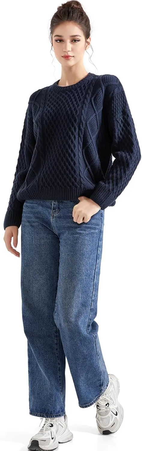 SUUKSESS Women Oversized Cable Knit Sweater Fall Long Sleeve Crew Neck Pullover Tops 2024