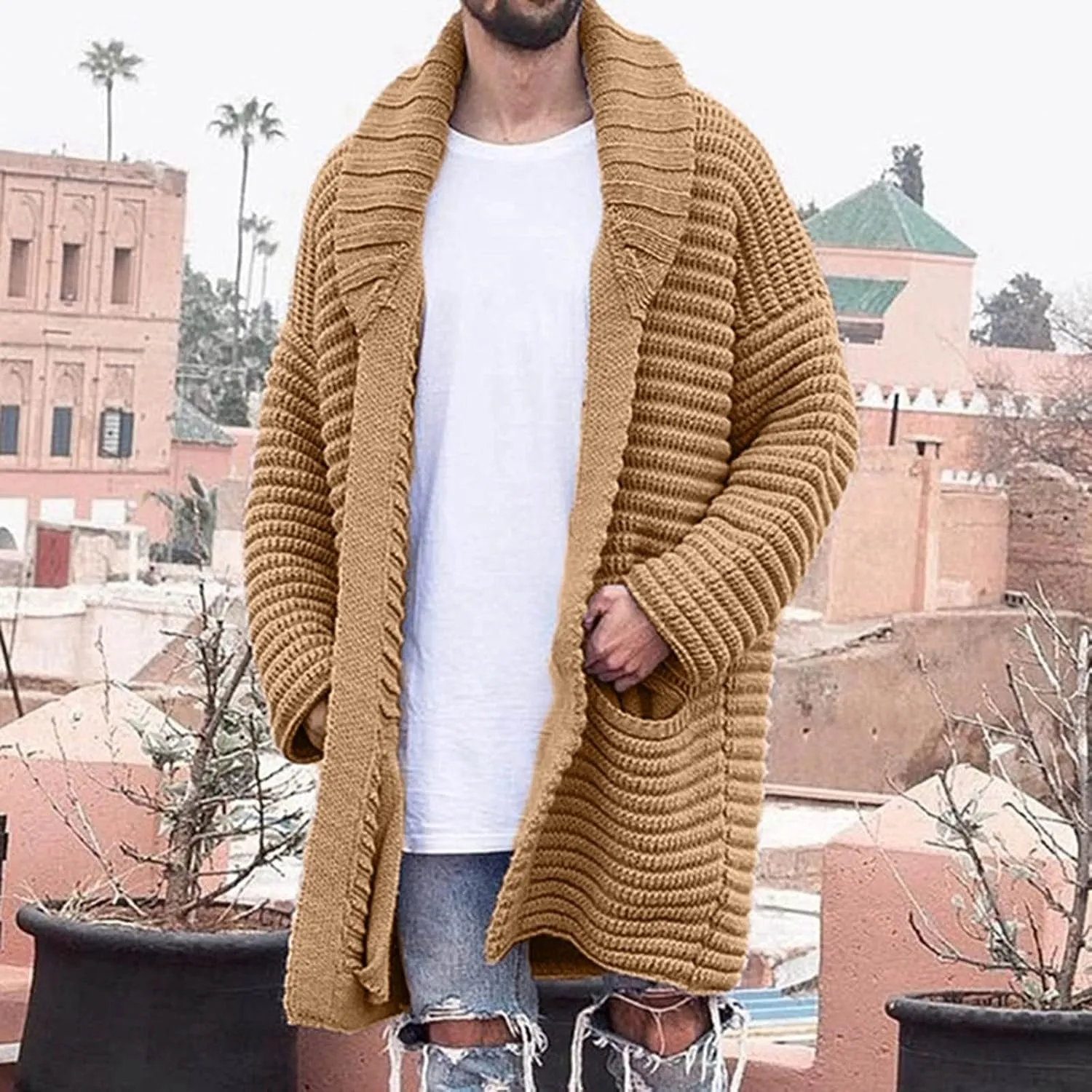 Sweaters for Men Men's Shawl Collar Long Cardigan Heavyweight Knitted Open Front Cardigans Sweaters