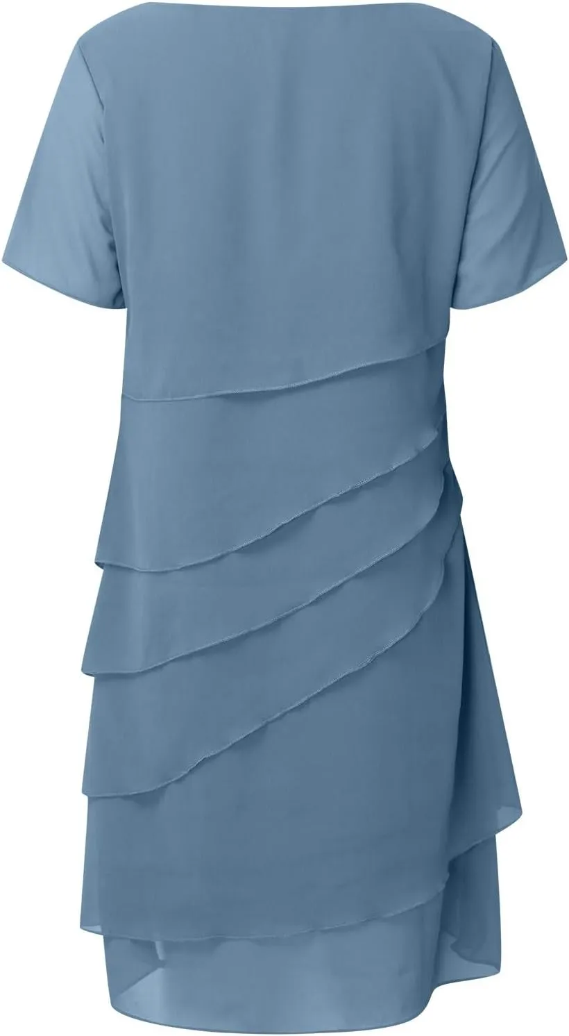 Tiered Chiffon Cocktail Dresses for Women Summer Flowy Elegant Midi Dress Layered Short Sleeve Wedding Guest Dress