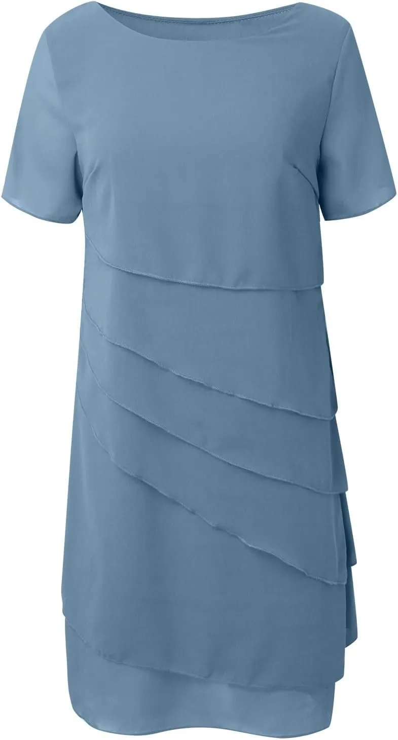 Tiered Chiffon Cocktail Dresses for Women Summer Flowy Elegant Midi Dress Layered Short Sleeve Wedding Guest Dress