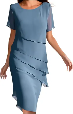 Tiered Chiffon Cocktail Dresses for Women Summer Flowy Elegant Midi Dress Layered Short Sleeve Wedding Guest Dress
