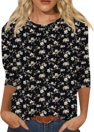 Tops for Women Trendy Round Neck 3/4 Sleeve Shirts Trendy Cute Blouses Daily Versatile Casual Tunic Loose Fit Basic Clothing
