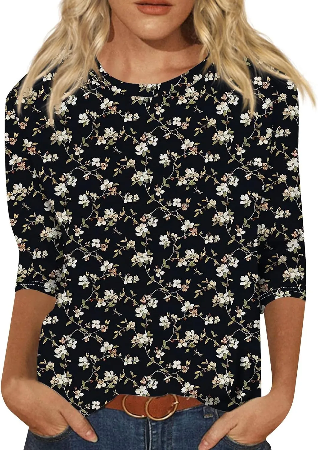 Tops for Women Trendy Round Neck 3/4 Sleeve Shirts Trendy Cute Blouses Daily Versatile Casual Tunic Loose Fit Basic Clothing