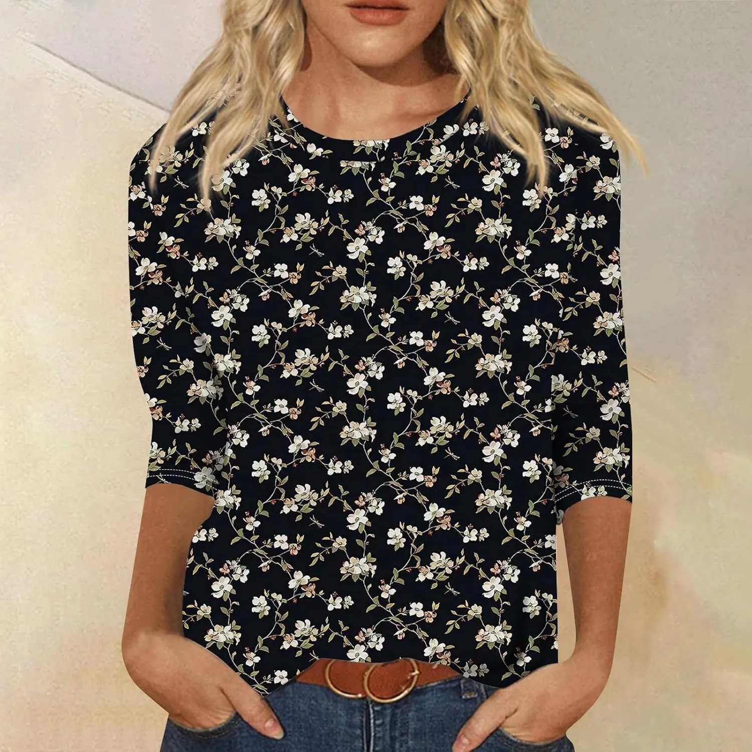 Tops for Women Trendy Round Neck 3/4 Sleeve Shirts Trendy Cute Blouses Daily Versatile Casual Tunic Loose Fit Basic Clothing