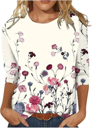 Tops for Women Womens Fall Fashion 2023 Womens Tops 3/4 Sleeve Crewneck Cute Shirts Casual Print Trendy Tops Three Guarter Length T Shirt Summer Pullover Beige XS