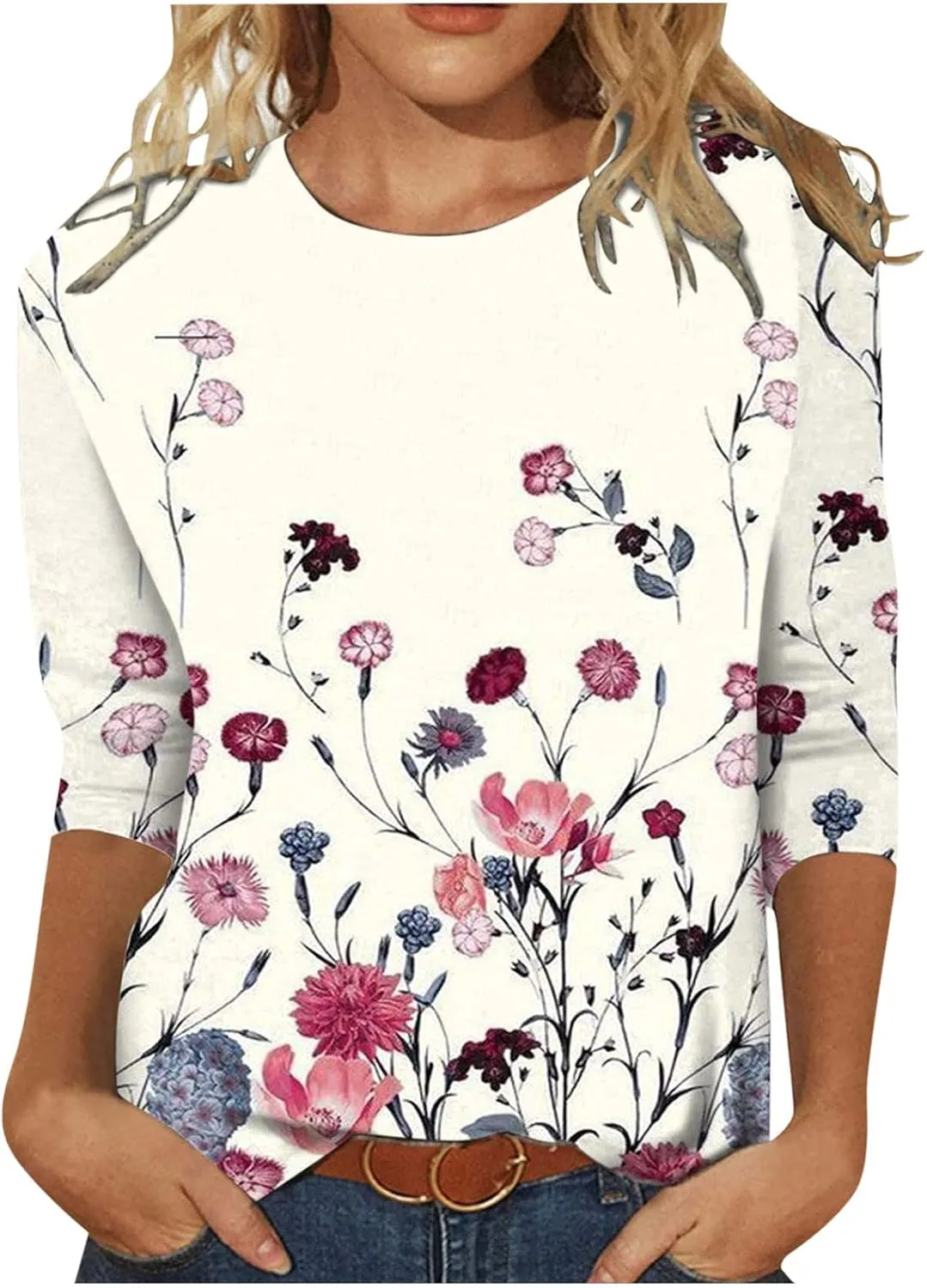 Tops for Women Womens Fall Fashion 2023 Womens Tops 3/4 Sleeve Crewneck Cute Shirts Casual Print Trendy Tops Three Guarter Length T Shirt Summer Pullover Beige XS
