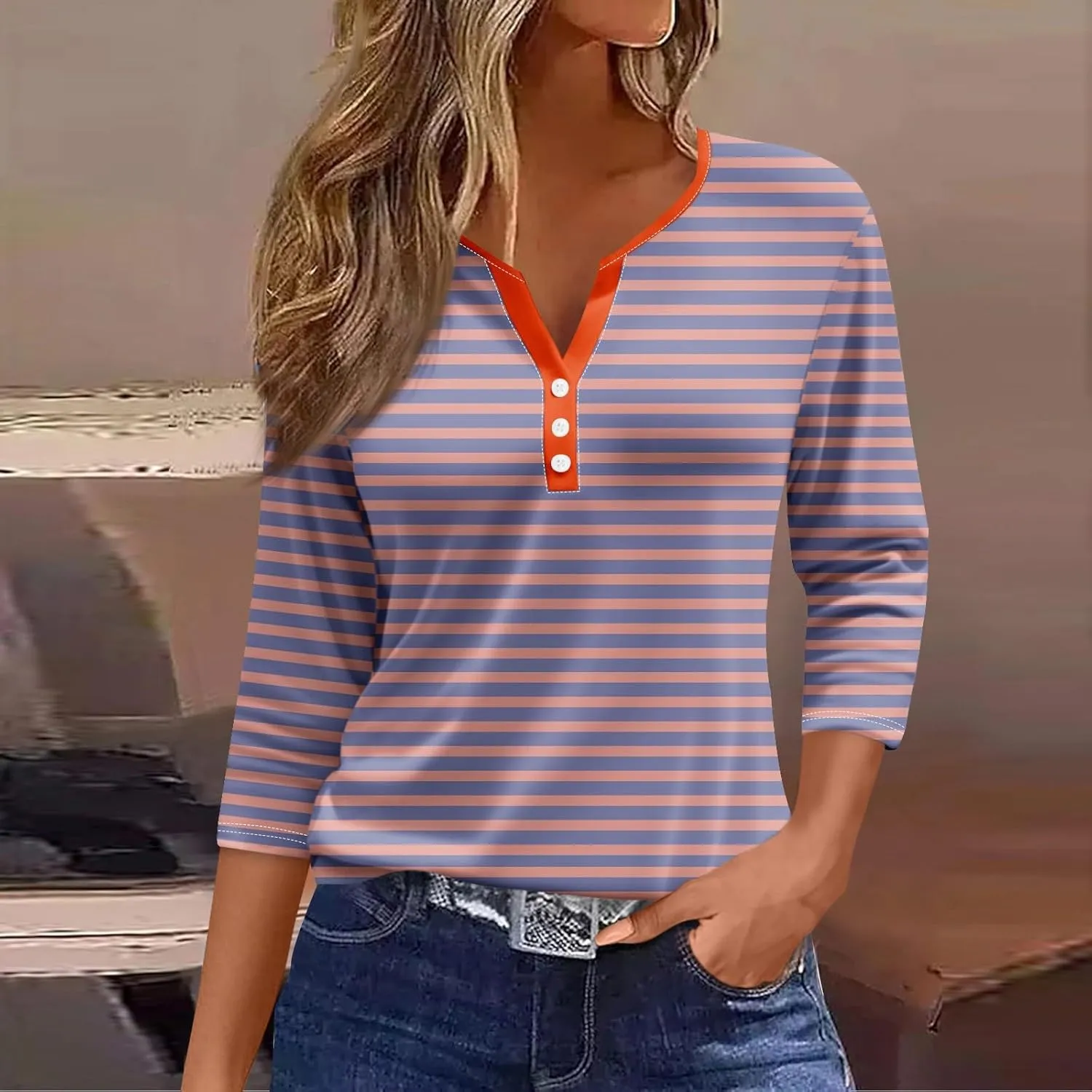 Tshirts Shirts for Women 3/4 Sleeve V Neck Shirts Regular Cute Blouses Trendy Fashion Tunic Trendy Cute Tees