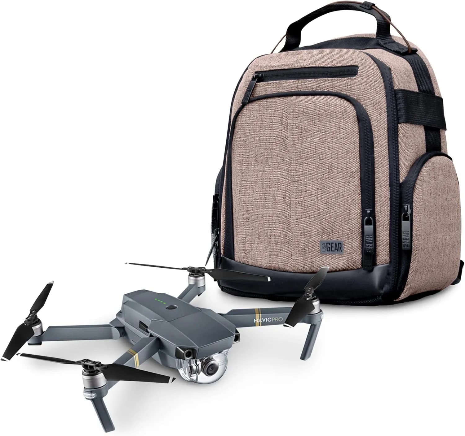 USA Gear Drone Backpack - Drone Case Compatible with DJI Mavic Pro, Spark Mini, Ryze Tello, Yuneec Breeze and More - Customizable Interior, Weather Resistant, Storage for Drone Accessories - Brown