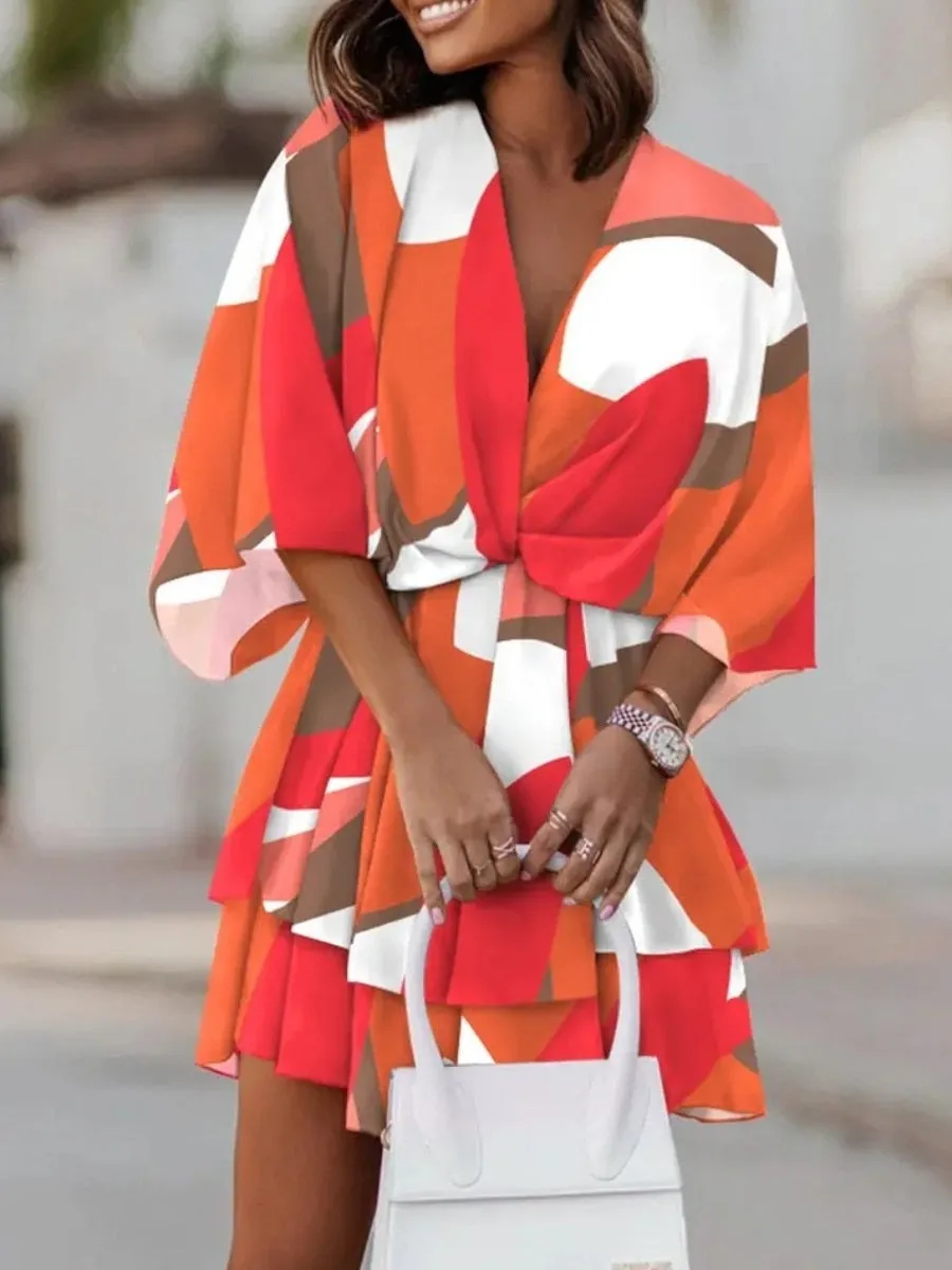 V Neck Floral Trendy Print Layered Cascading Dress