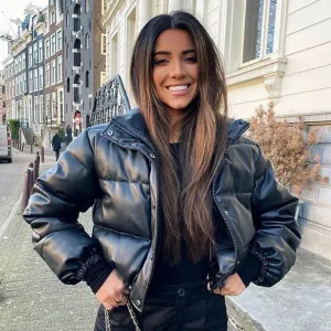 Winter PU Leather Short Padded Parka for Women