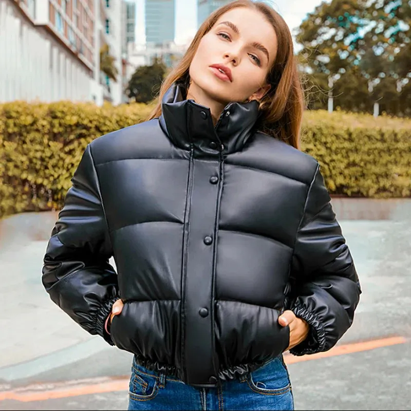 Winter PU Leather Short Padded Parka for Women