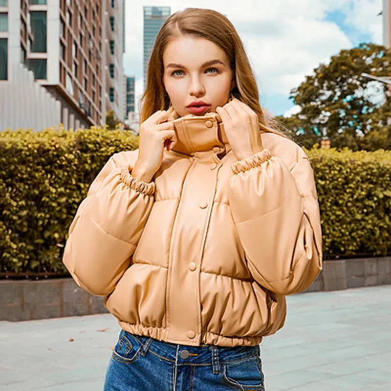Winter PU Leather Short Padded Parka for Women