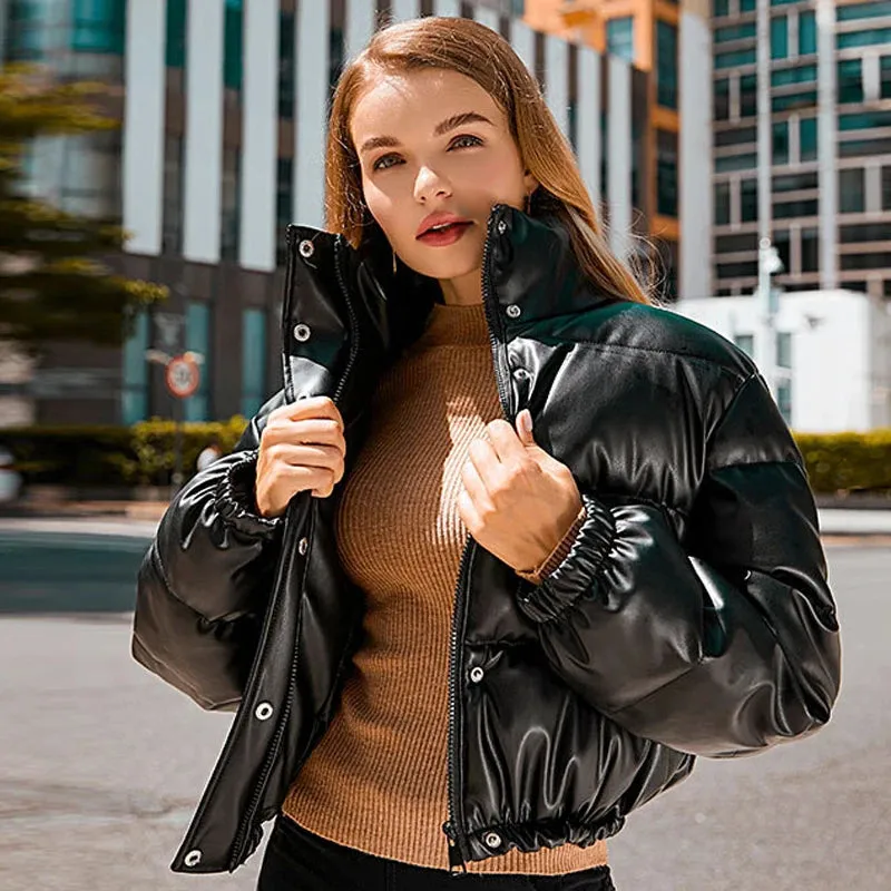 Winter PU Leather Short Padded Parka for Women