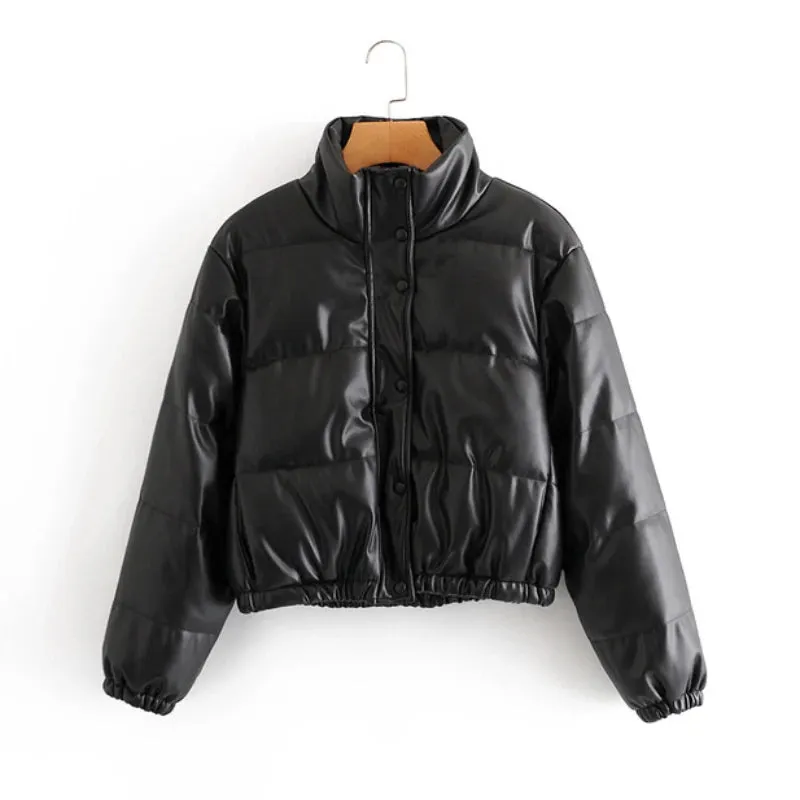 Winter PU Leather Short Padded Parka for Women