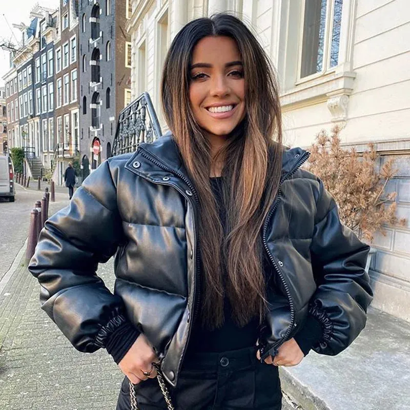 Winter PU Leather Short Padded Parka for Women