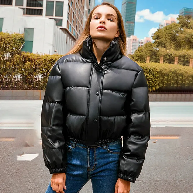 Winter PU Leather Short Padded Parka for Women