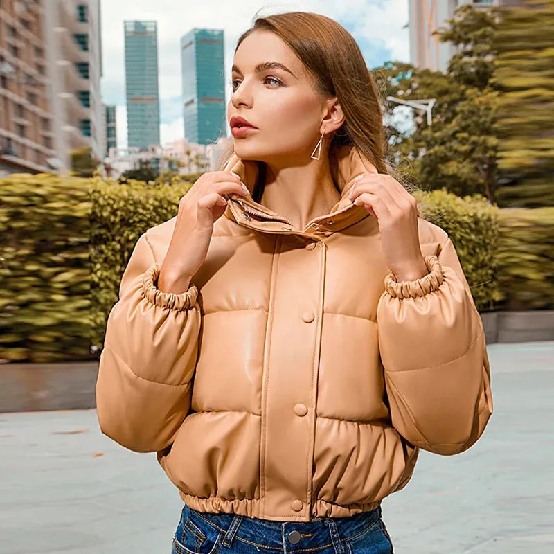 Winter PU Leather Short Padded Parka for Women