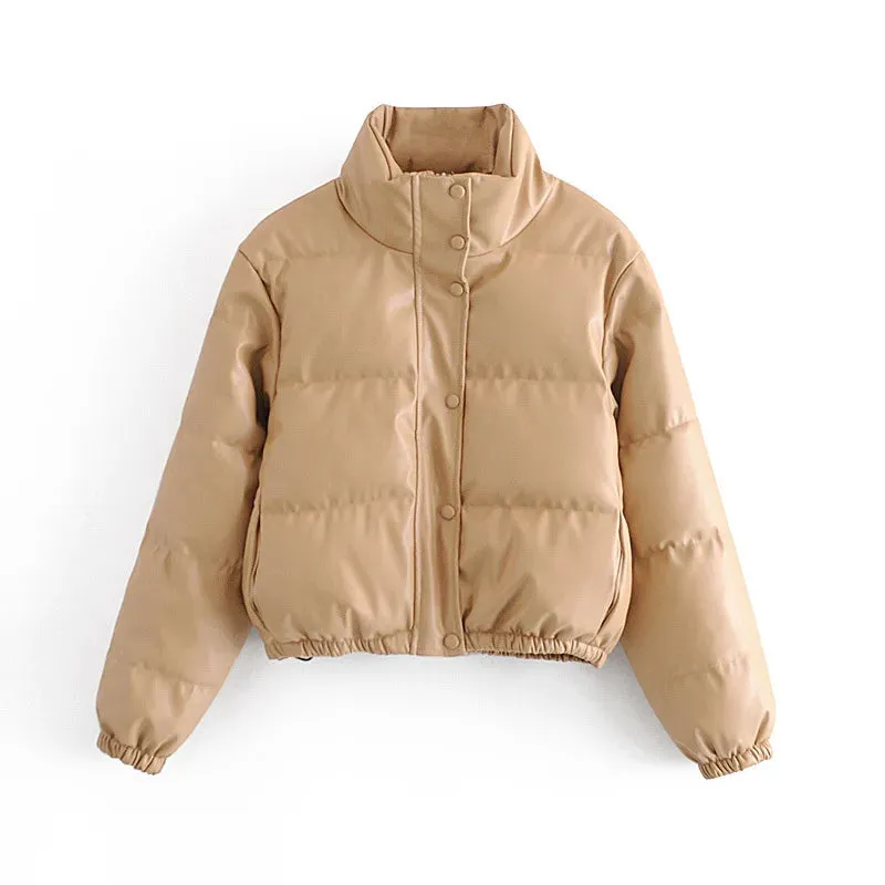 Winter PU Leather Short Padded Parka for Women