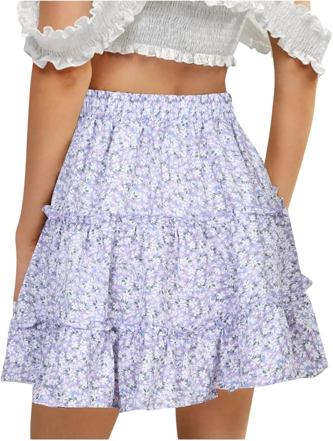 Women Boho Mini Skirt 2024 Summer Fashion Casual Flowy High Waist Beach Pleated Y2K Layered Novelty Short Skirts