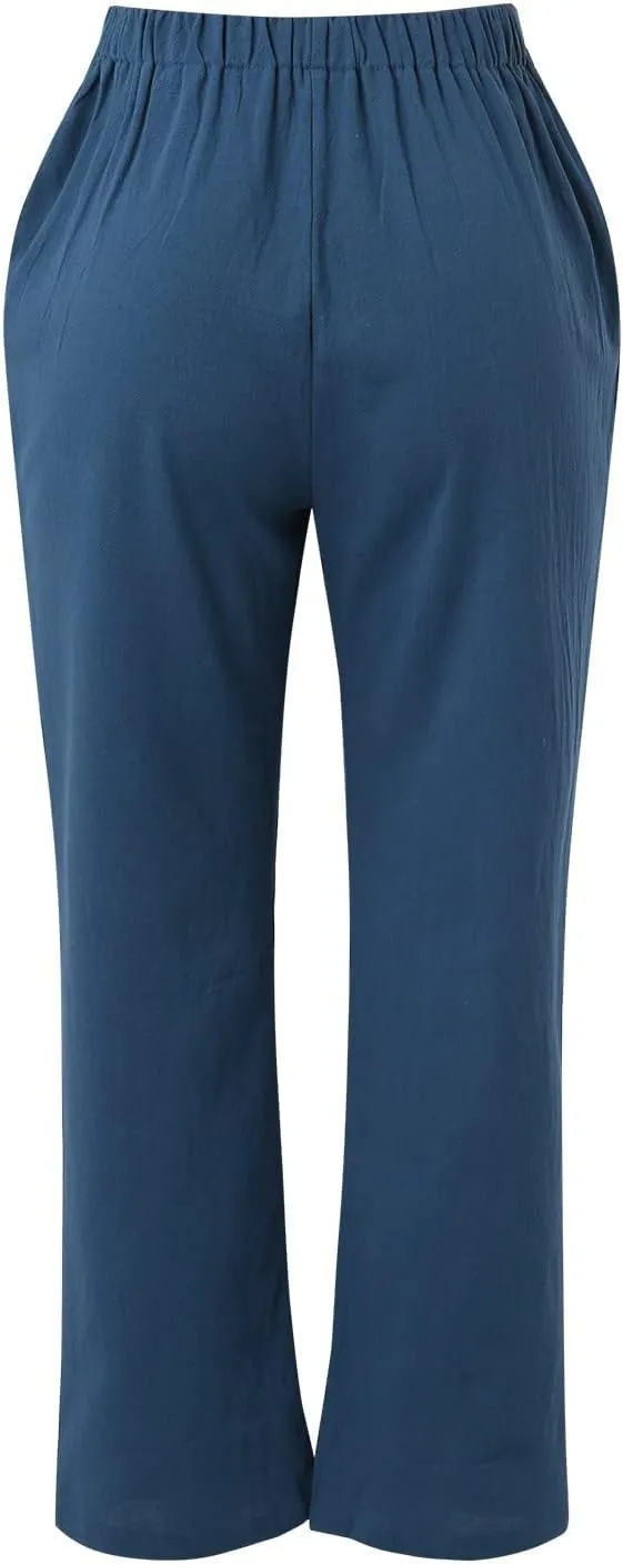Women Linen Pants with Drawstring Lightweight Elastic Waist Leg Loose with Pockets Petite Summer Relaxed Fit Tapered