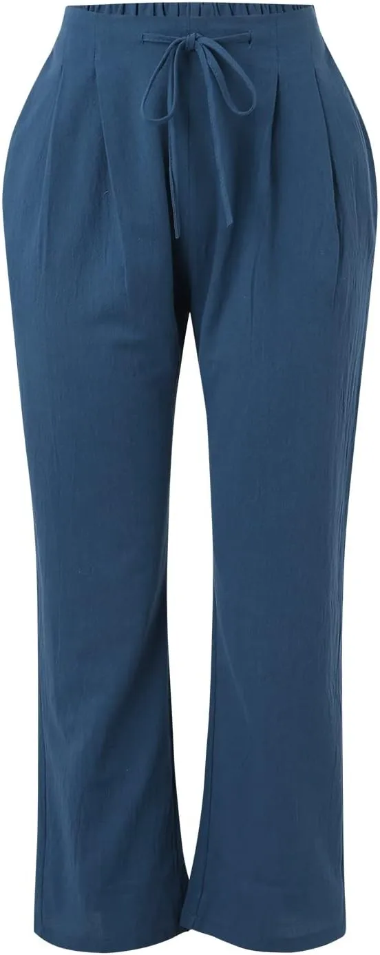 Women Linen Pants with Drawstring Lightweight Elastic Waist Leg Loose with Pockets Petite Summer Relaxed Fit Tapered