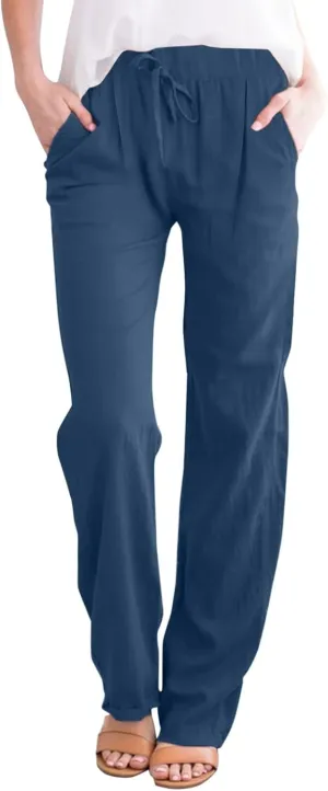 Women Linen Pants with Drawstring Lightweight Elastic Waist Leg Loose with Pockets Petite Summer Relaxed Fit Tapered