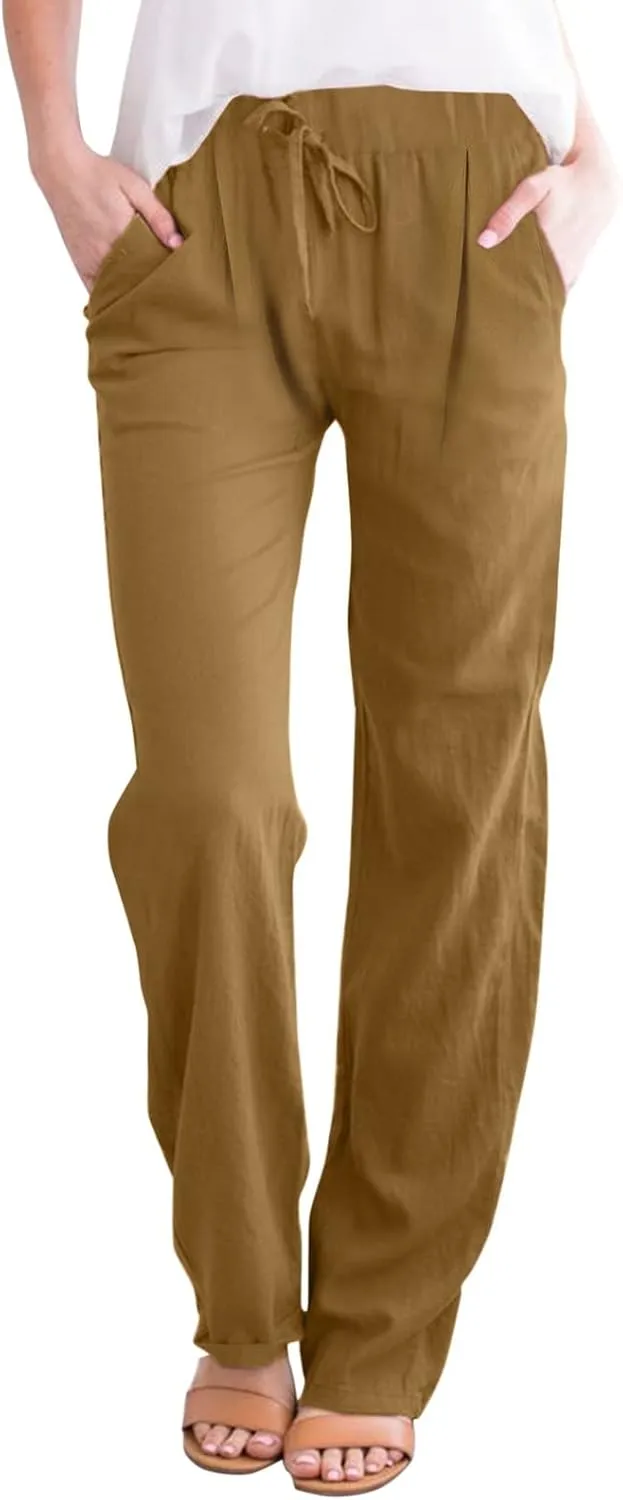 Women Linen Pants with Drawstring Lightweight Elastic Waist Leg Loose with Pockets Petite Summer Relaxed Fit Tapered