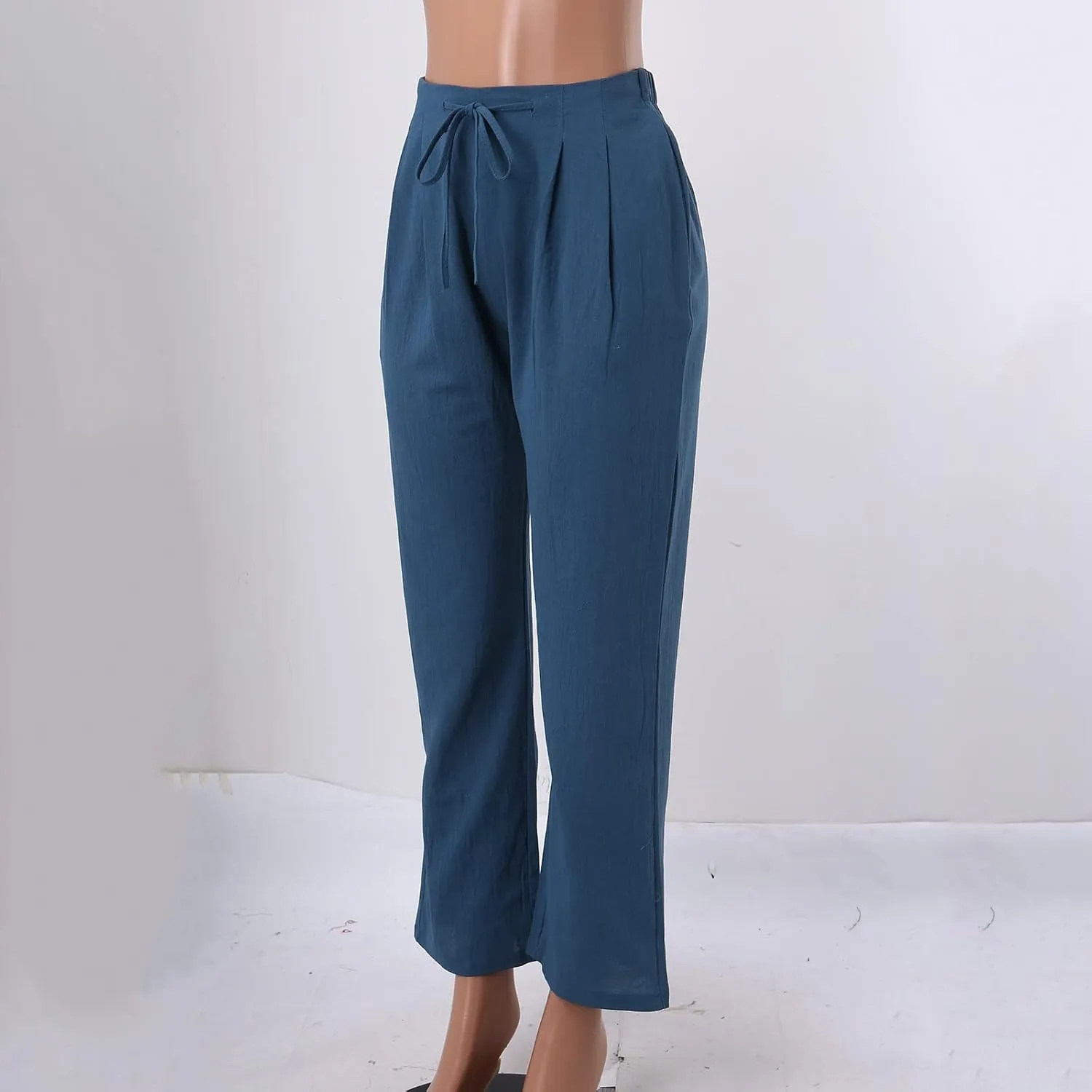Women Linen Pants with Drawstring Lightweight Elastic Waist Leg Loose with Pockets Petite Summer Relaxed Fit Tapered