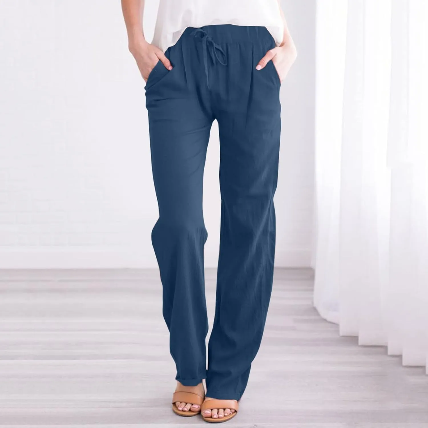 Women Linen Pants with Drawstring Lightweight Elastic Waist Leg Loose with Pockets Petite Summer Relaxed Fit Tapered