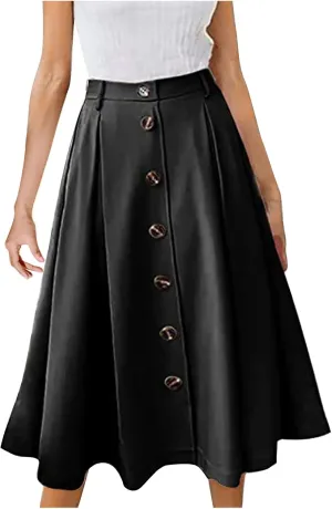 Women Pleated A-line Midi Skirts Elastic Waist Button Front Skirt Casual Flared Long Skirts with Pocket for Womens