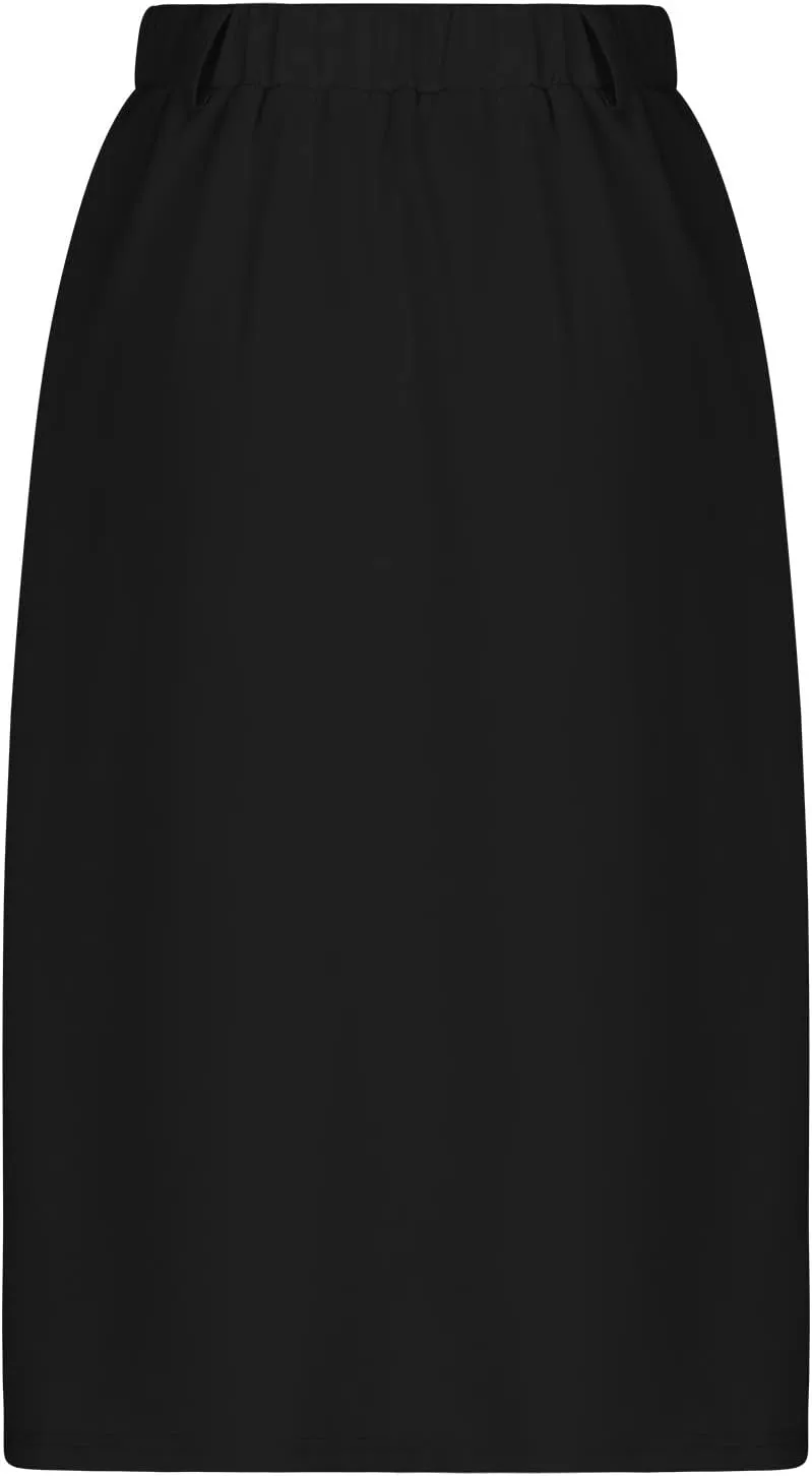 Women Pleated A-line Midi Skirts Elastic Waist Button Front Skirt Casual Flared Long Skirts with Pocket for Womens