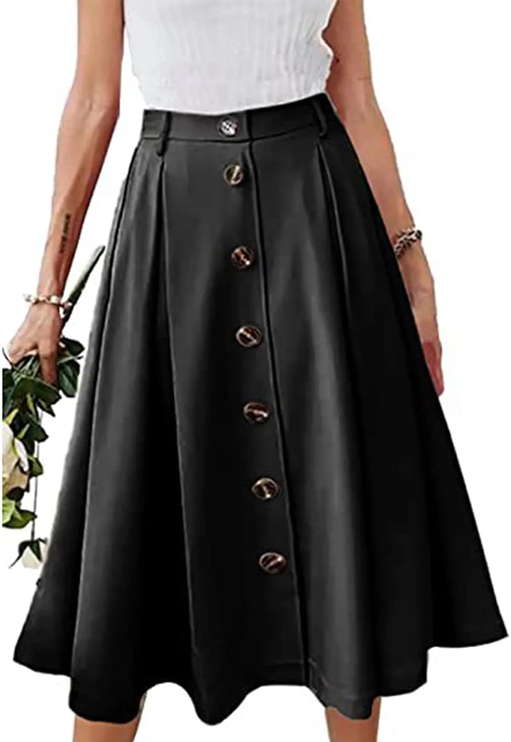 Women Pleated A-line Midi Skirts Elastic Waist Button Front Skirt Casual Flared Long Skirts with Pocket for Womens