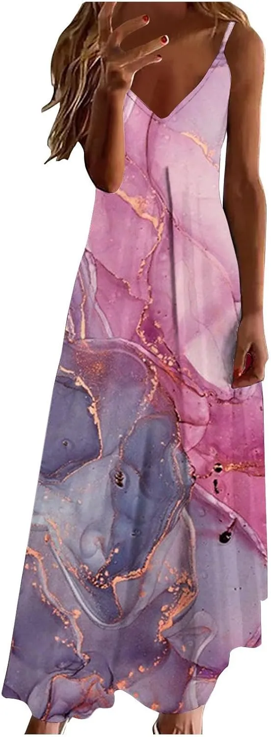 Women 's Summer Spaghetti Strap Elegant Long Dresses Plus Size Vacation Flowy Beach Dress Loose Floor Length Dress Elegant Dresses for Women Pink L