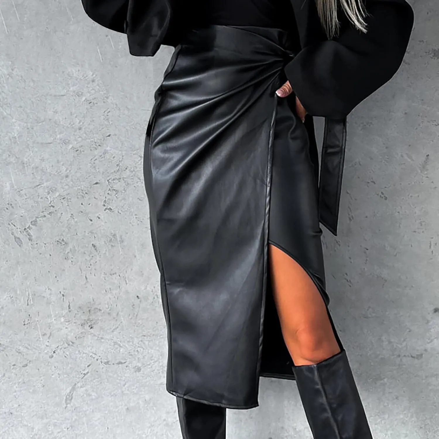 Women Self-Tie High Waist Asymmetric Thigh Split Faux Leather Midi Skirt High Low Slit Long A-Line Wrap Skirts