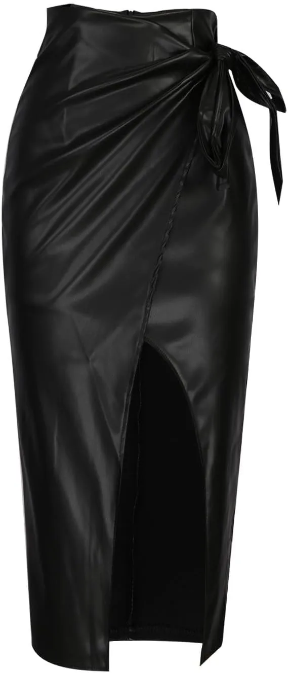 Women Self-Tie High Waist Asymmetric Thigh Split Faux Leather Midi Skirt High Low Slit Long A-Line Wrap Skirts